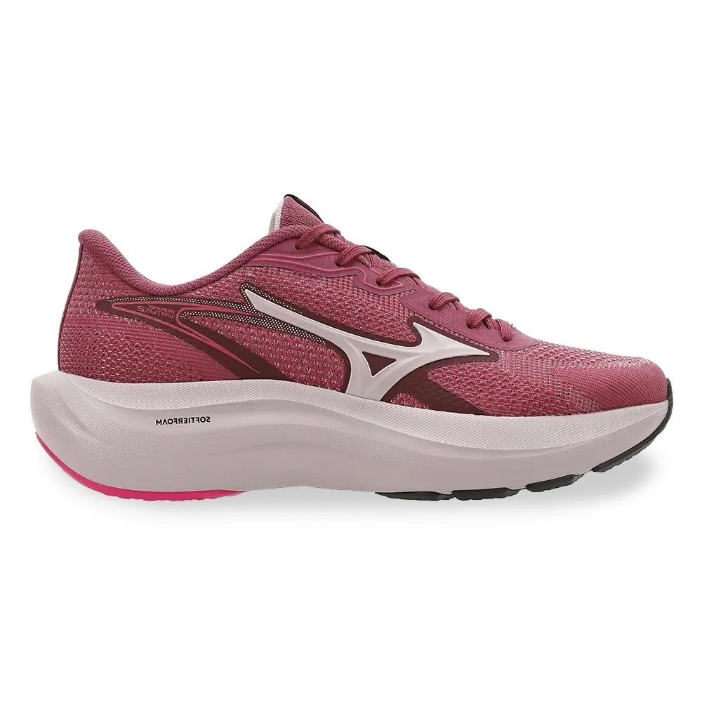 Tênis Mizuno Virtue 2 bordô vista lateral direita, cabedal em knit, entressola EVA rosada e sola de borracha preta